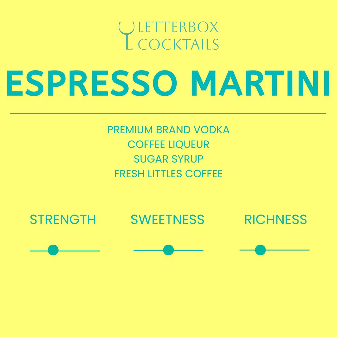 Letterbox Cocktails Espresso Martini recipe card with ingredients and rating on a yellow background