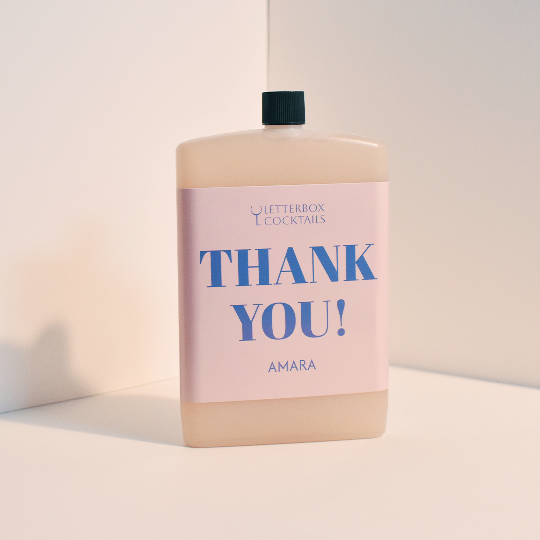 Bottle of Letterbox Cocktails Amara with 'Thank You!' text on a light background