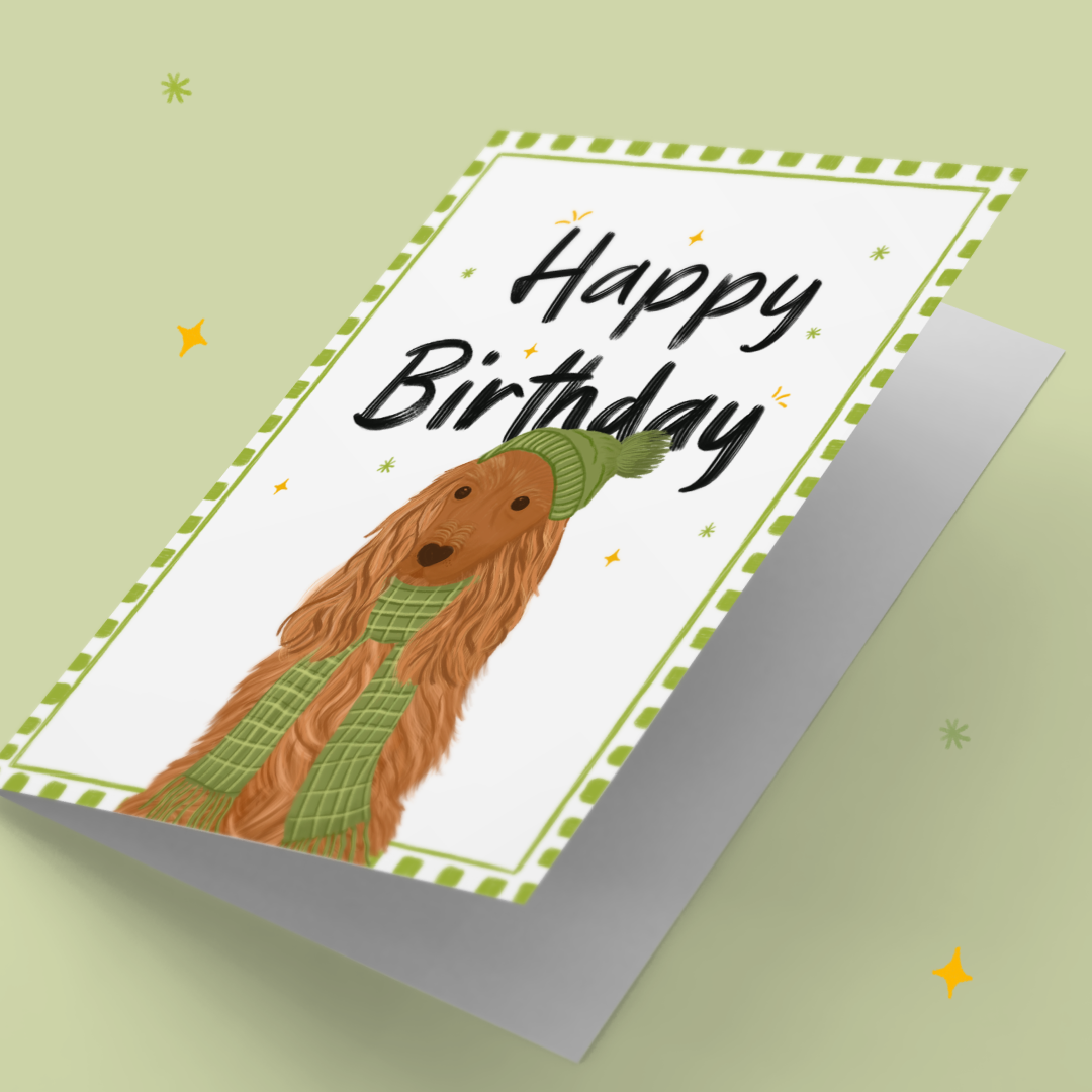 Cocker Spaniel in Green Knitwear Birthday Card