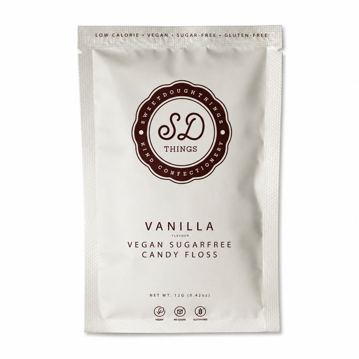 Vanilla vegan sugarfree candy floss package with 'SD Things' branding on a white background